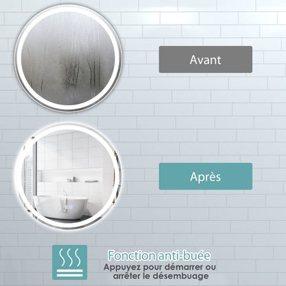Miroir De Salle De Bain LED Ø 60 Cm Avec 3 Eclairages Interrupteur Tactile Et Fonction Anti-Buée