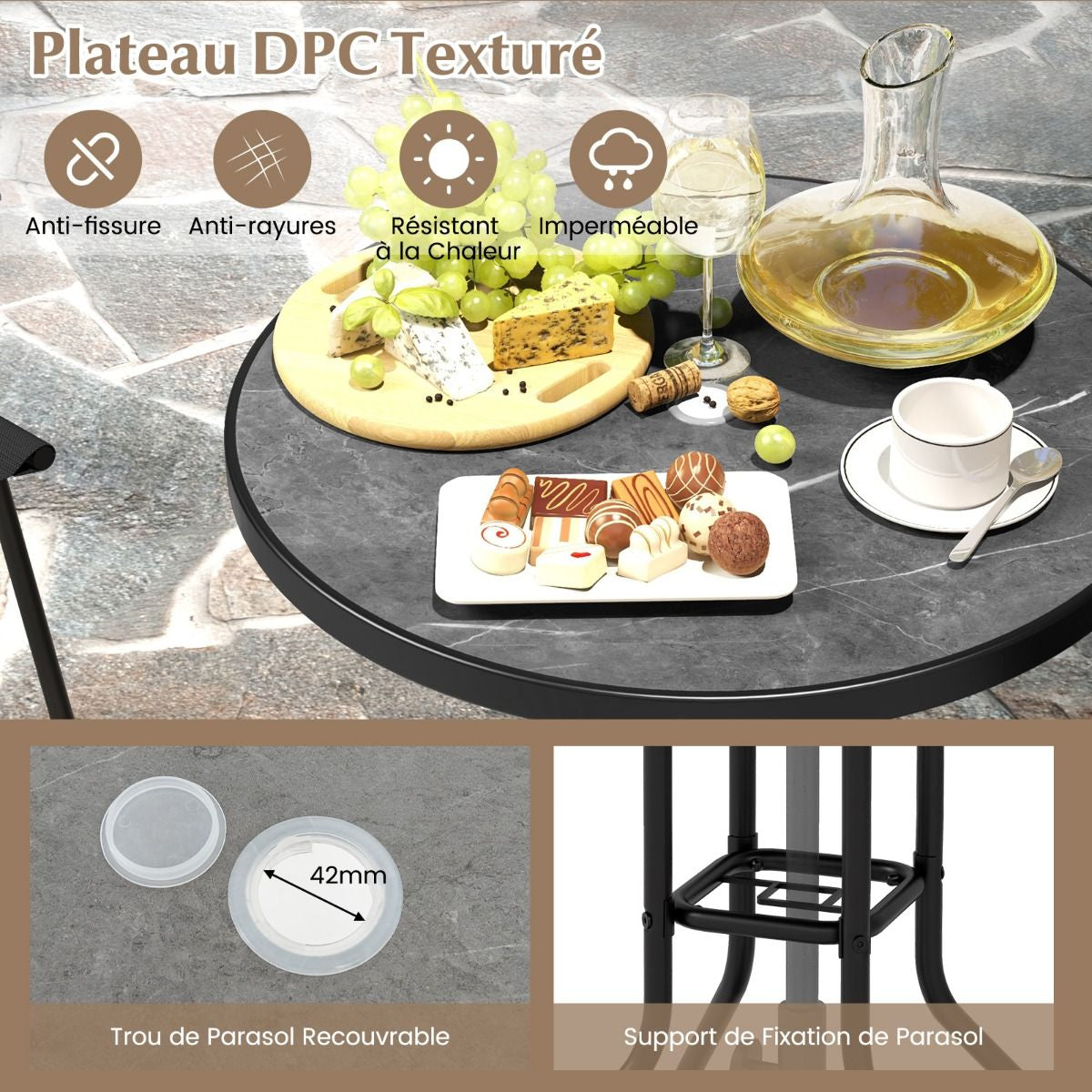 Bistrot Pour Patio 3 Pièces Table Et Chaises Pliantes De Bar De Jardin Avec Plateau De Table DPC Trou Pour Parasol Et Repose-Pieds