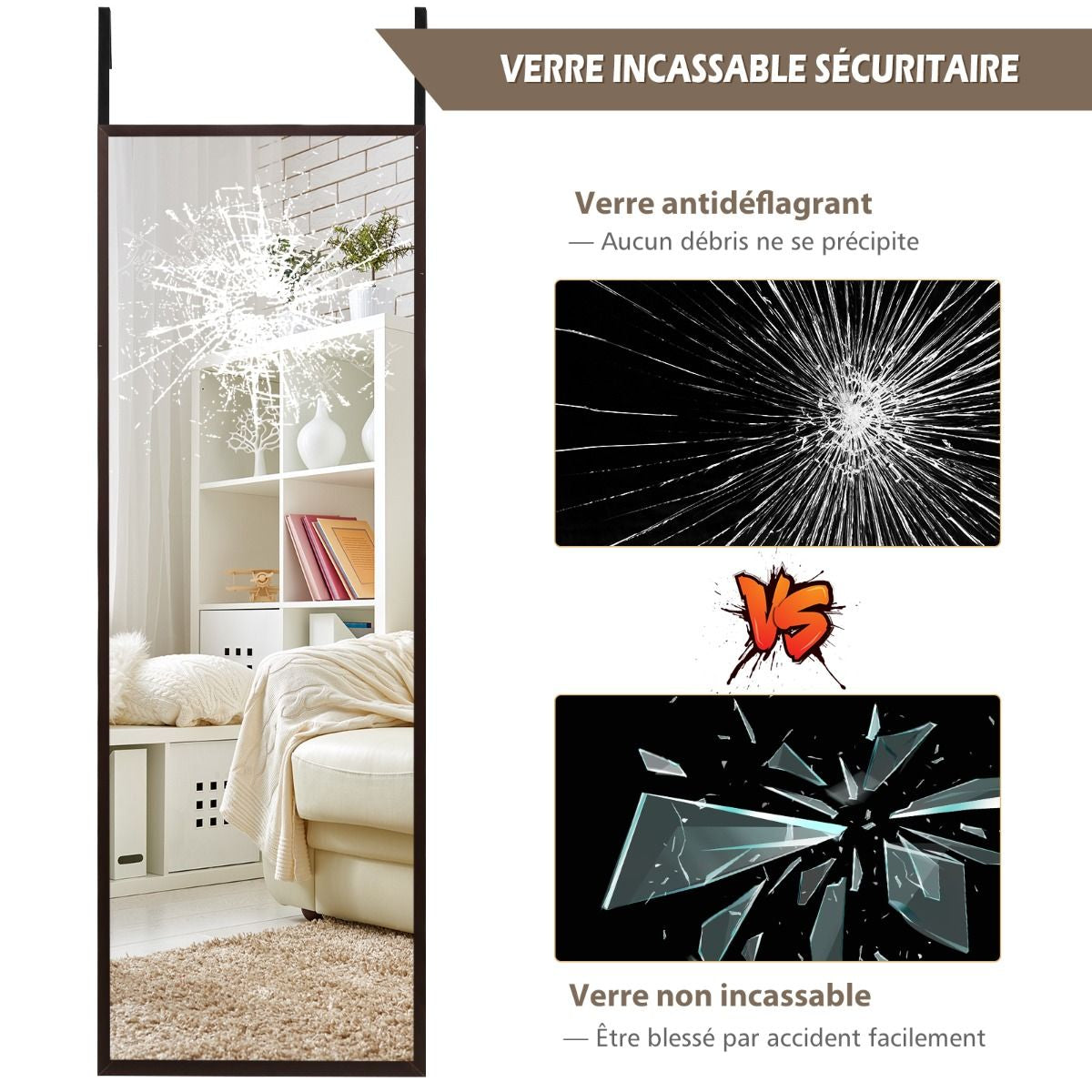 Miroir À Suspendre Sur Porte Avec Crochets De Suspension Réglables En Hauteur 36,5 X 107 CM Blanc/Café/Noir
