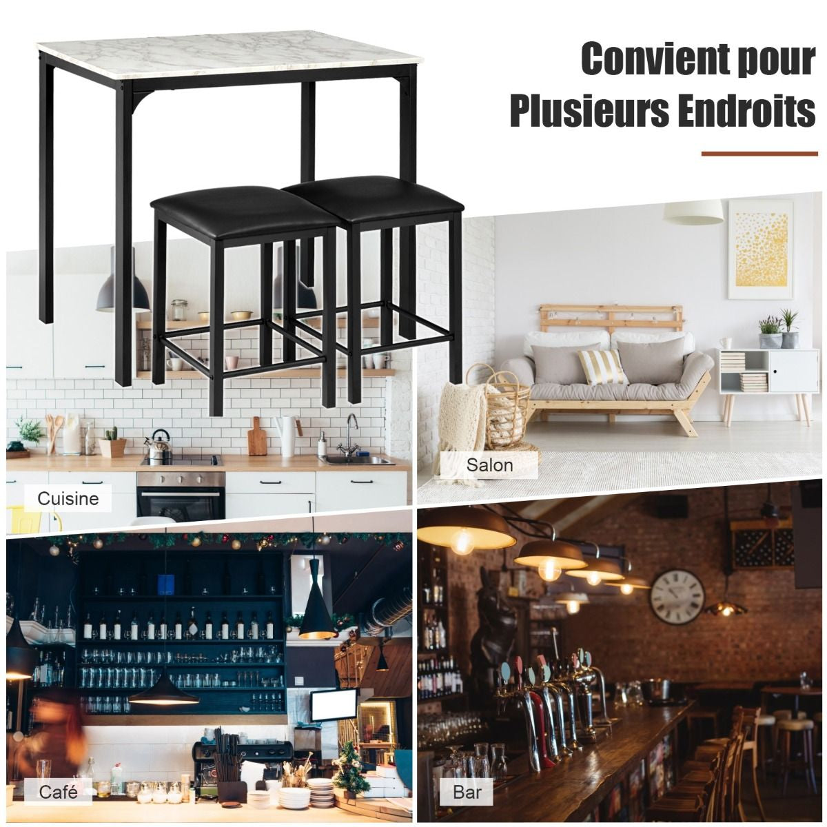 Table Haute Cuisine Avec 2 Tabourets Table Bar Cuisine Cadre En Métal Mange-Debout Industriel Pour Bistro Salle À Manger Cuisine Blanc/Café/Noir