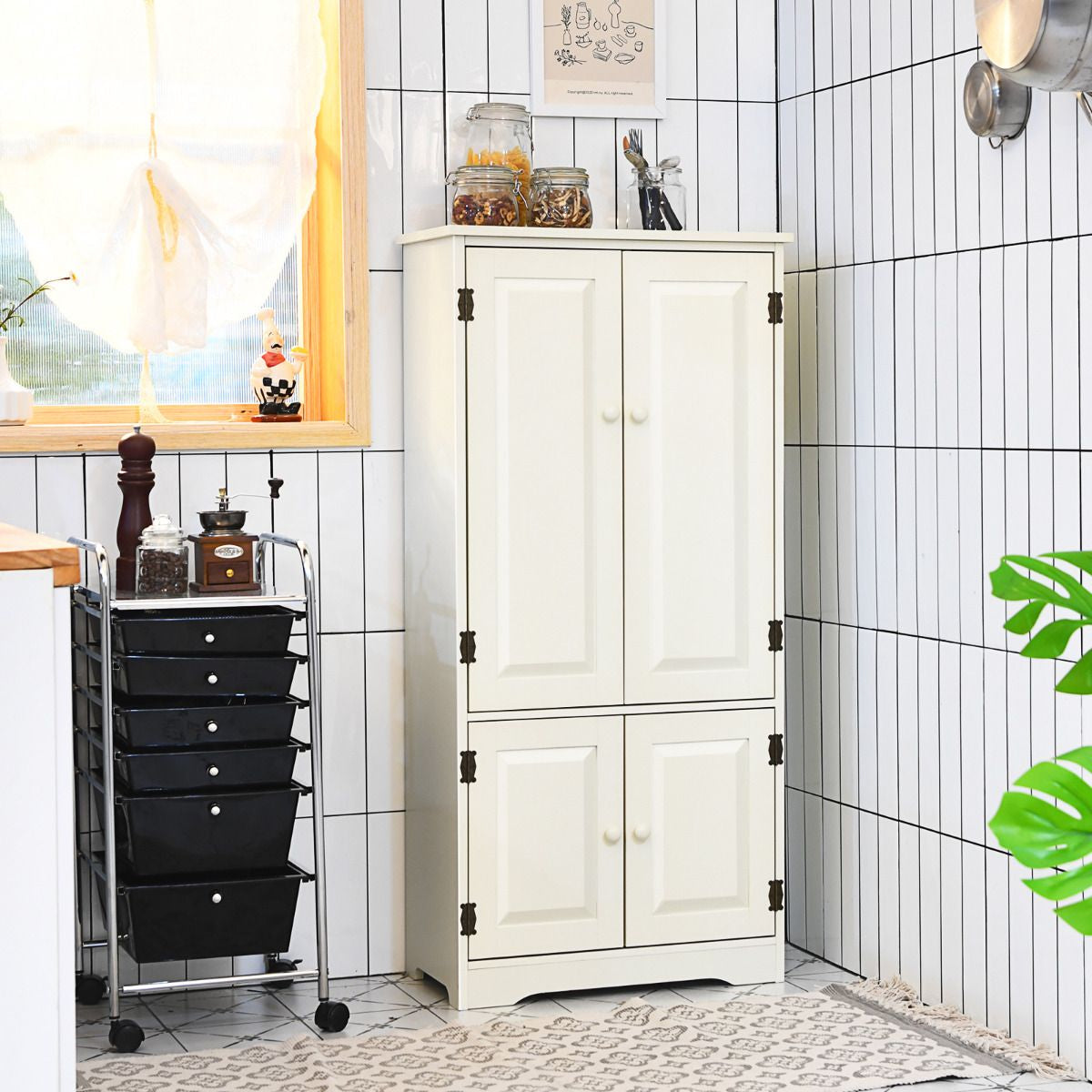 Armoire De Chambre Avec 2 Porte De Style Vintage Avec 2 Etagères Réglables À 5 Positions En MDF Blanc/Noir