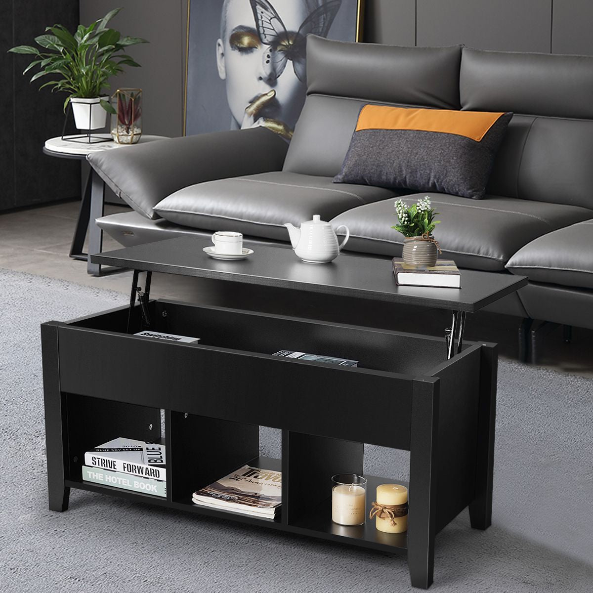 Table Basse Avec Plateau Relevable Noir 105 X 52 X 49 CM Avec Trois Compartiments Pour Rangement Design Contemporain Marron/Noir