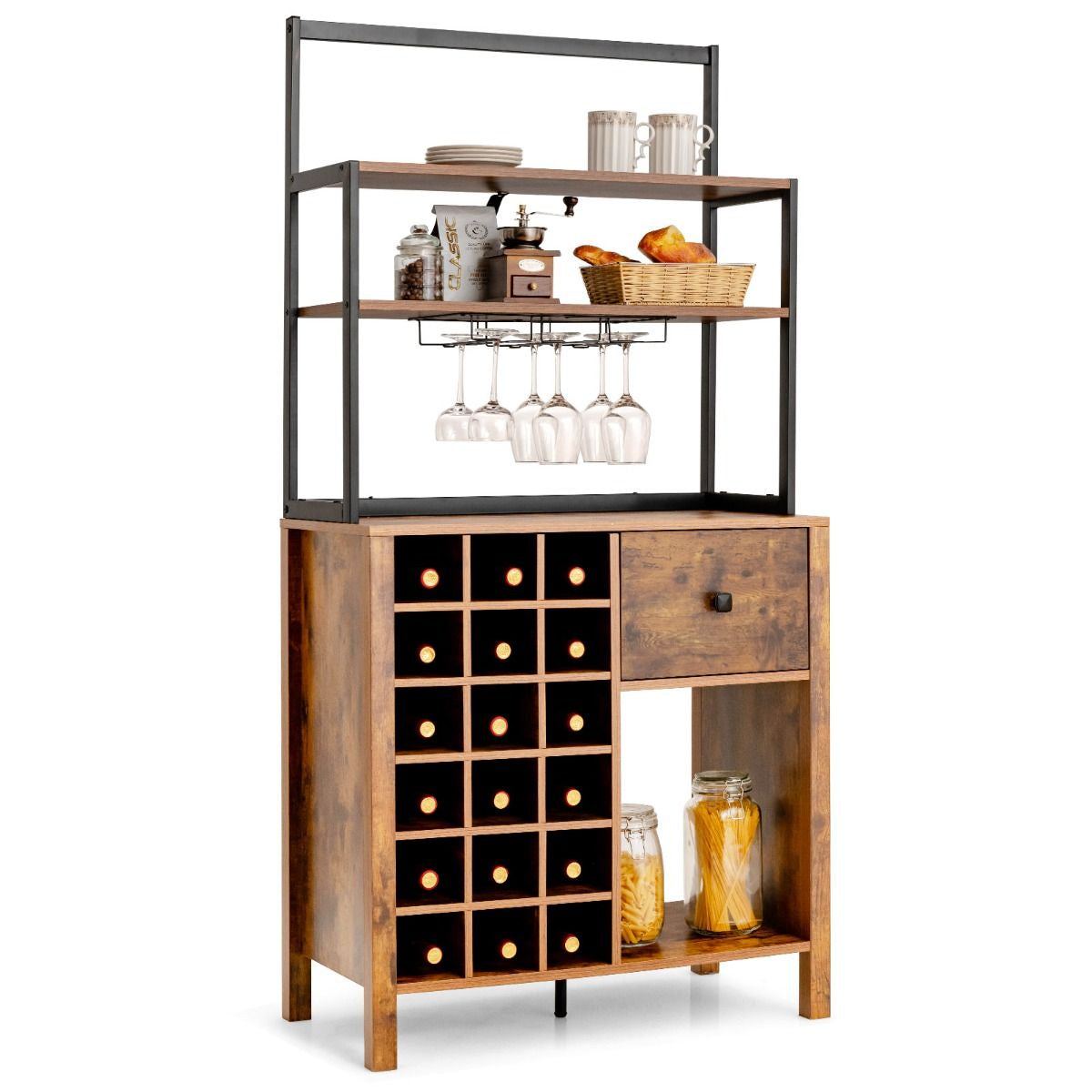 Armoire De Cuisine Avec Casier À Vin Peut Contenir 18 Bouteilles Et Tiroir Support De Bar À 4 Niveaux Avec Support De Verre À Vin Café
