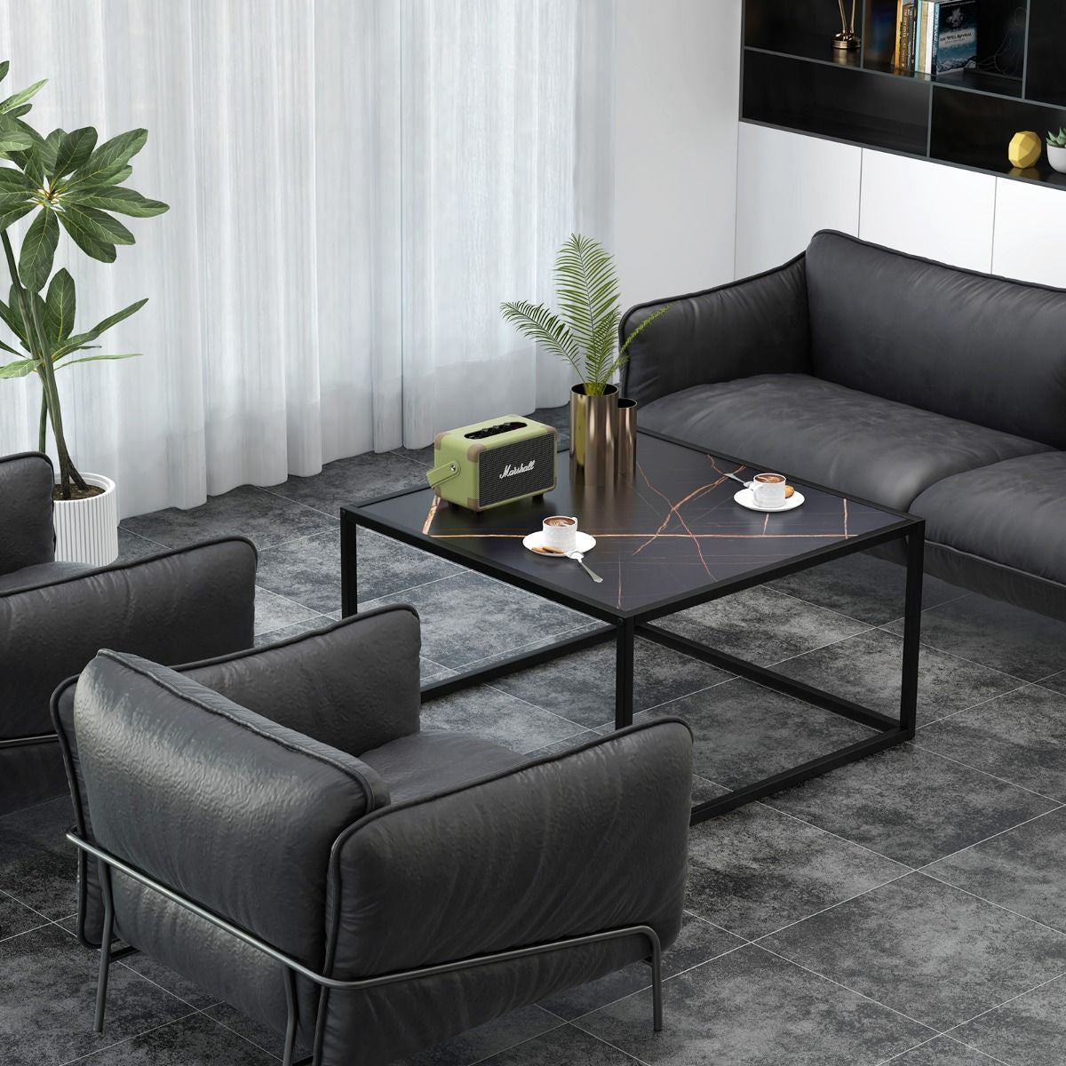 Table Basse Carrée Moderne Avec Dessus De Table En Faux Marbre Et Structure En Acier Noir