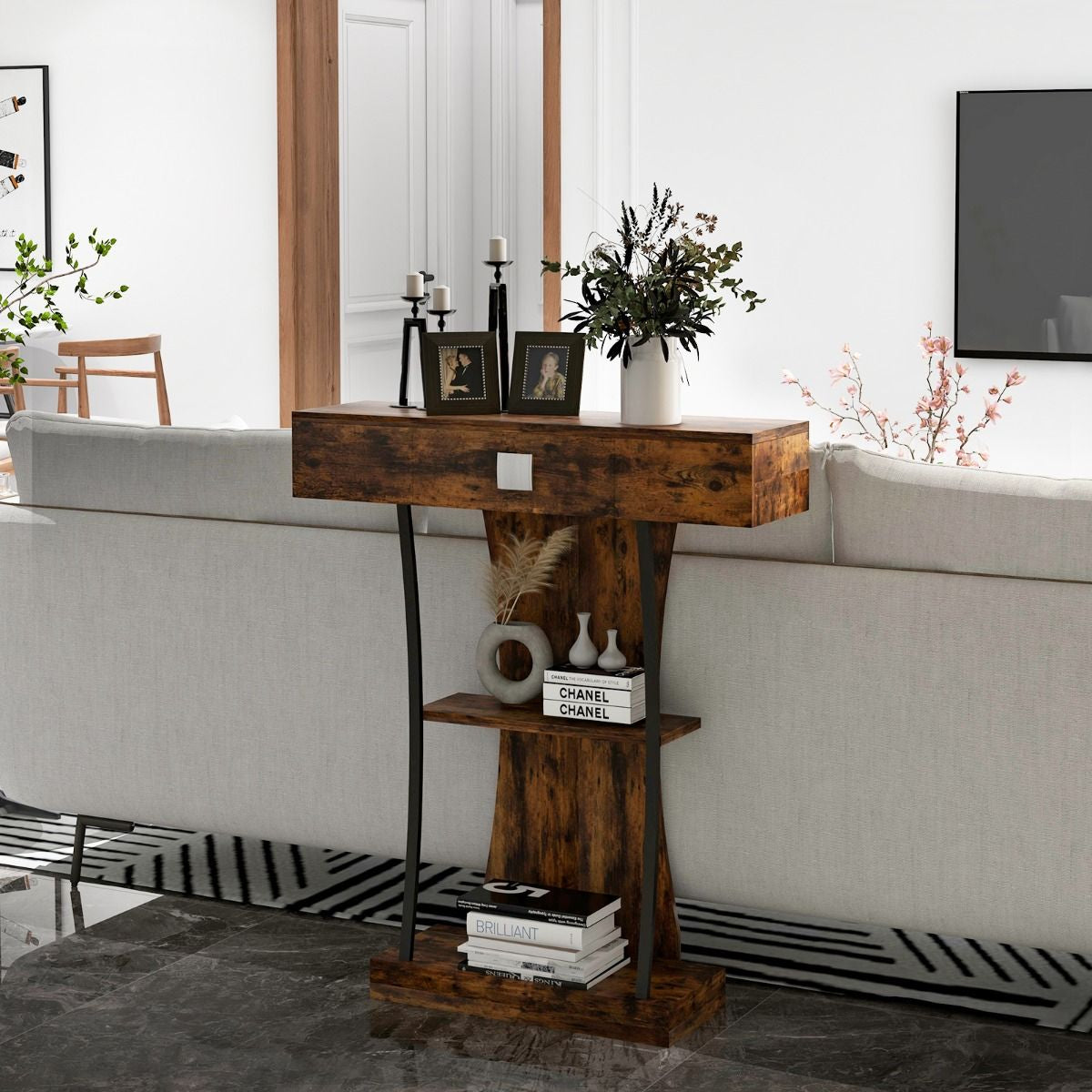 Table Console 3 Étagères Meuble D'Entrée L91 X P30 X H88 Style Scandinave Dispositif Anti-Renversement Brun Rustique/Noir/Gris