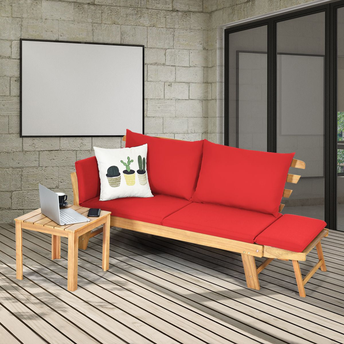 Chaise Longue Convertible Avec Coussin Canapé De Jardin 2 En 1 En Bois D’Acacia Avec Accoudoir Réglable 4 Couleurs Au Choix