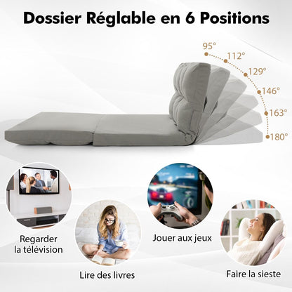 Canapé Lit Convertible En Velours Pliable Dossier Réglable À 6 Niveaux Avec 2 Coussins Gris Clair/Gris Foncé