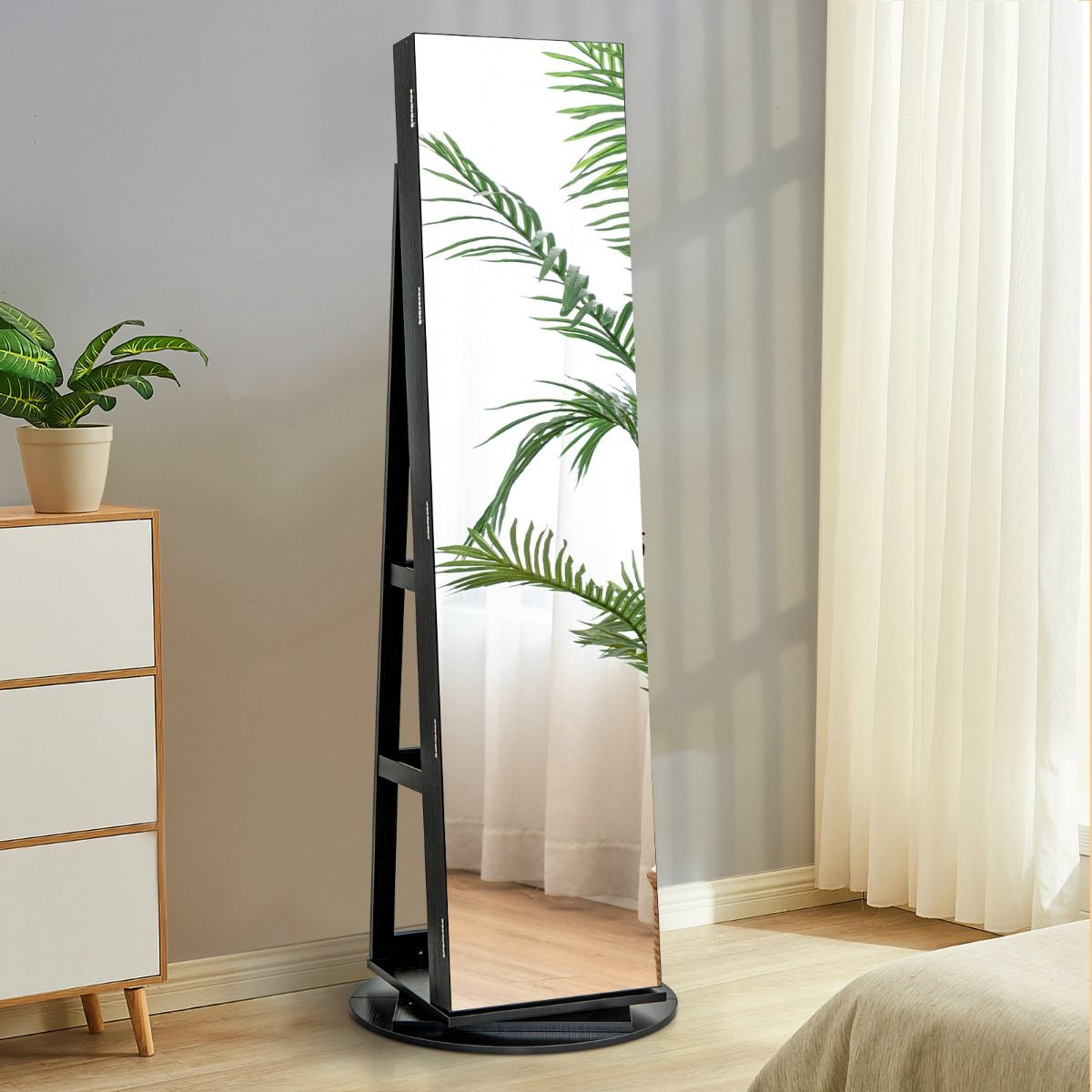 Armoire À Bijoux Pivotante À 360°Avec Lumières LED 3 Couleurs Miroir Pleine Longueur Et Étagère 3 Niveaux En Arrière 10 Couleurs Au Choix