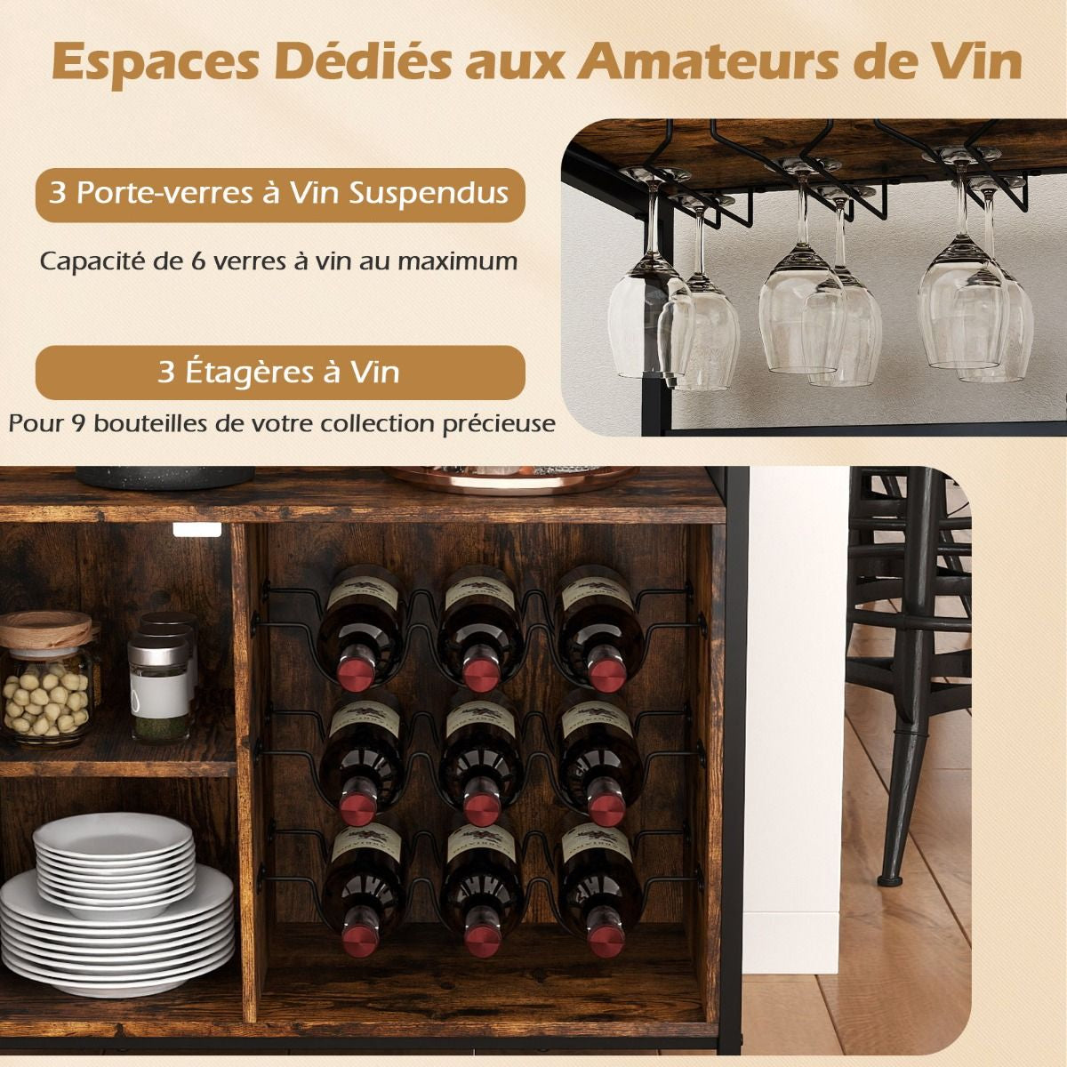 Meuble Bar Meuble À Vin Autonome Avec Casier À Vin Porte-Verres Rangement Buffet Bar Café Industriel Avec Porte En Grillage Brun Rustique