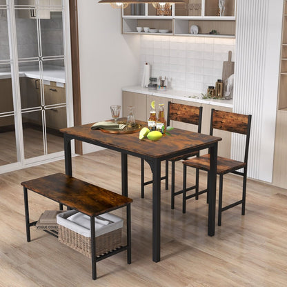 Ensemble Table Et 2 Chaise 1 Banc 4 Personnes Style Industriel Structure En Métal Pour Salle À Manger Restaurant Cuisine Marron/Gris/Café