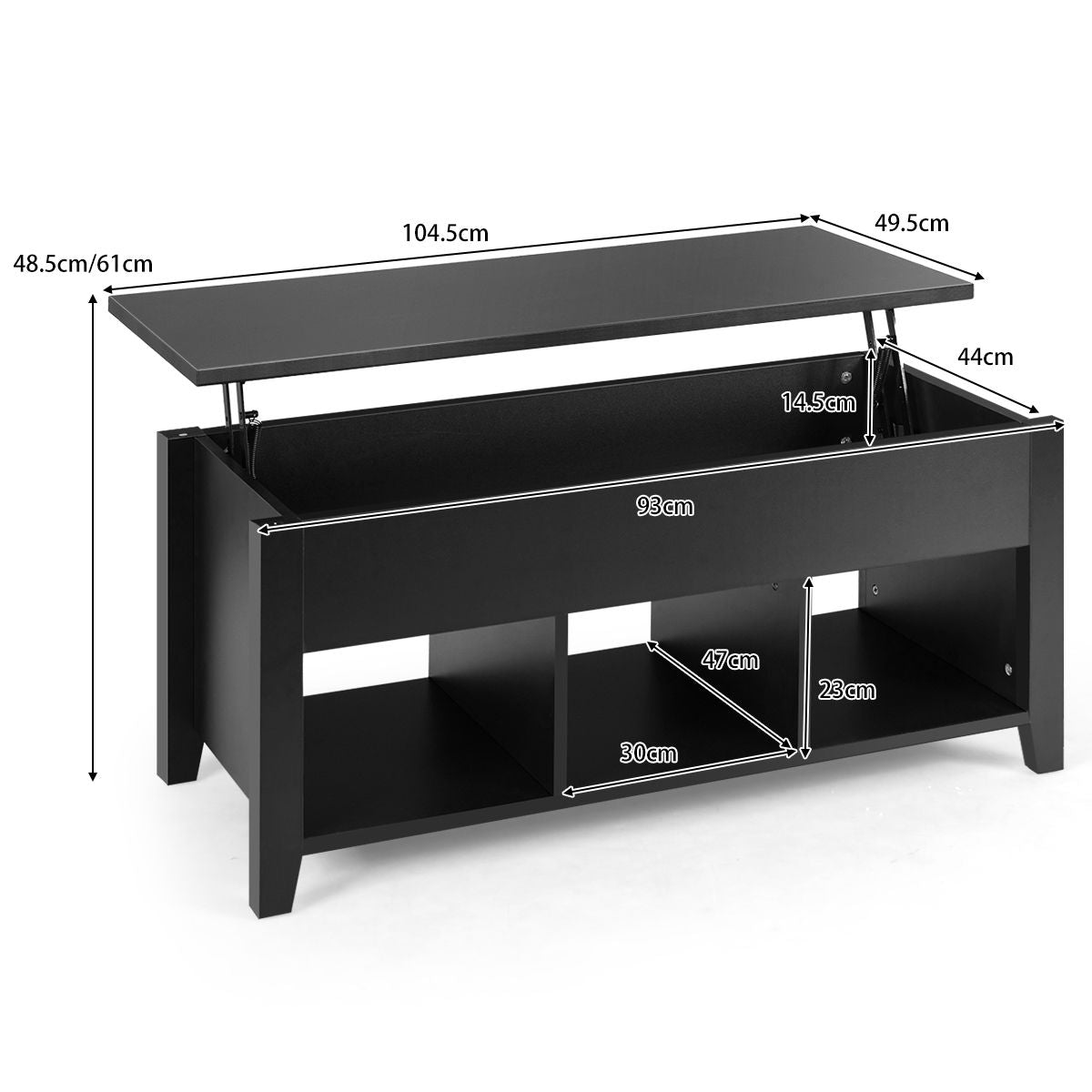 Table Basse Avec Plateau Relevable Noir 105 X 52 X 49 CM Avec Trois Compartiments Pour Rangement Design Contemporain Marron/Noir