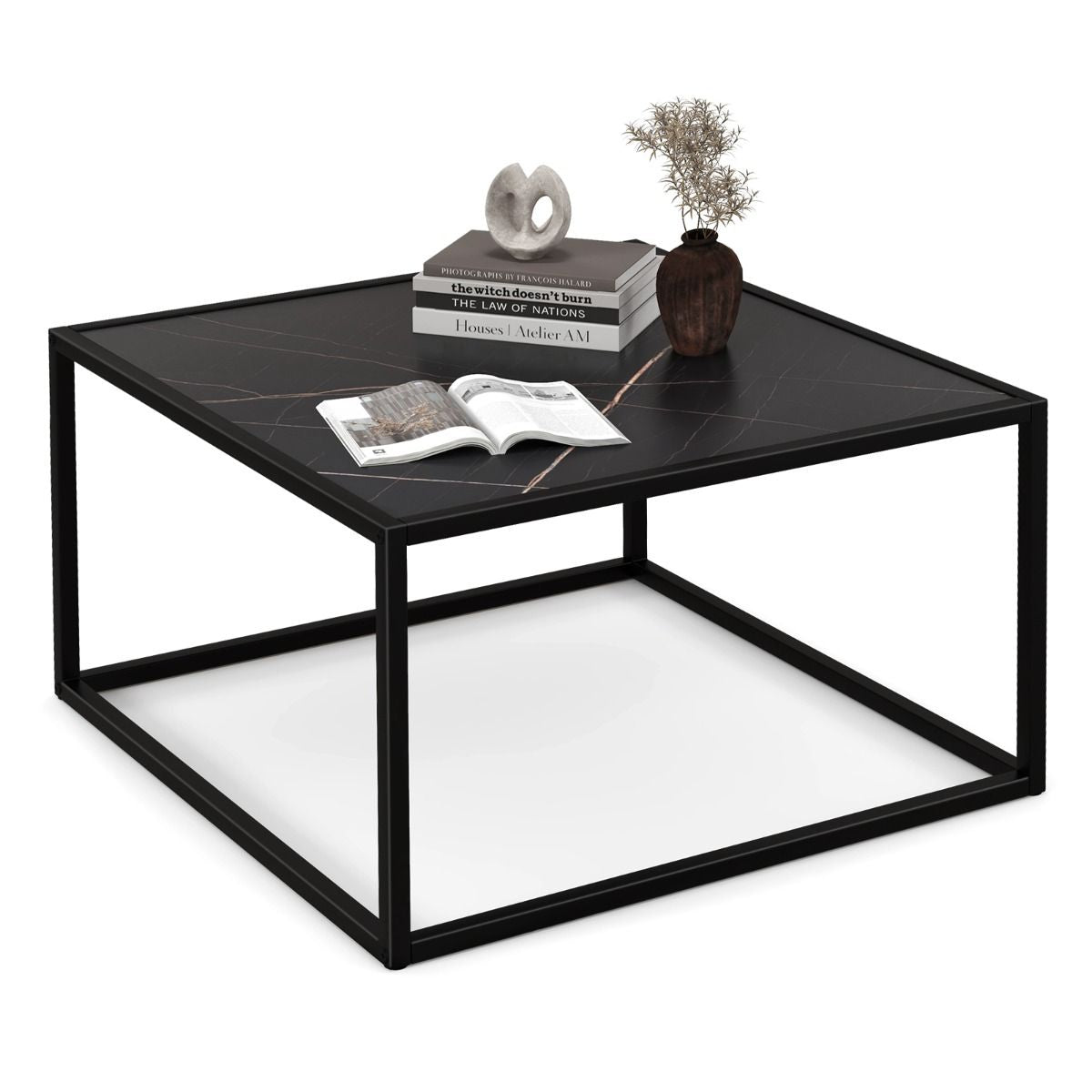 Table Basse Carrée Moderne Avec Dessus De Table En Faux Marbre Et Structure En Acier Noir