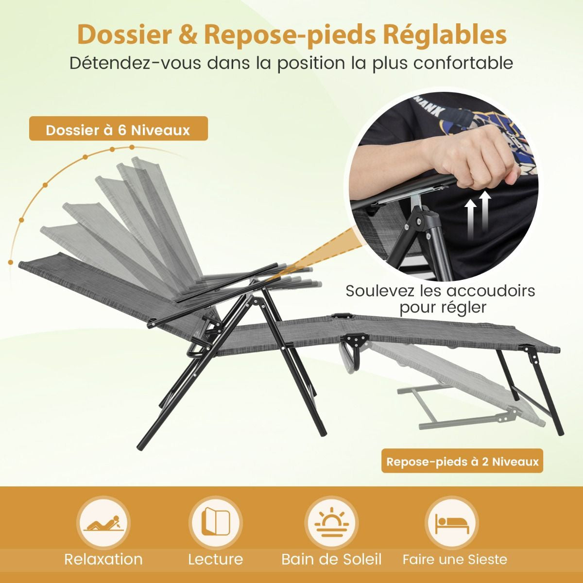 Chaises Longues Pliantes Fauteuil 2 Pièces Dossier À 6 Niveaux Tissu De Siège Respirant Cadre En Métal Solide Chaises Inclinables Réglables Gris/Noir/Café
