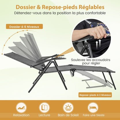 Chaises Longues Pliantes Fauteuil 2 Pièces Dossier À 6 Niveaux Tissu De Siège Respirant Cadre En Métal Solide Chaises Inclinables Réglables Gris/Noir/Café