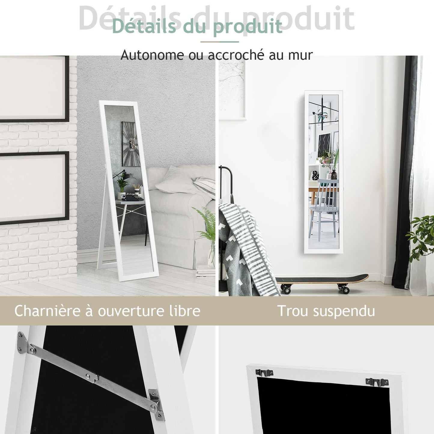 Miroir Sur Pied Psyché Miroir Autoportant Rectangulaire 155 X 37 Cm Style Scandinave Moderne Blanc/Naturel/Noir