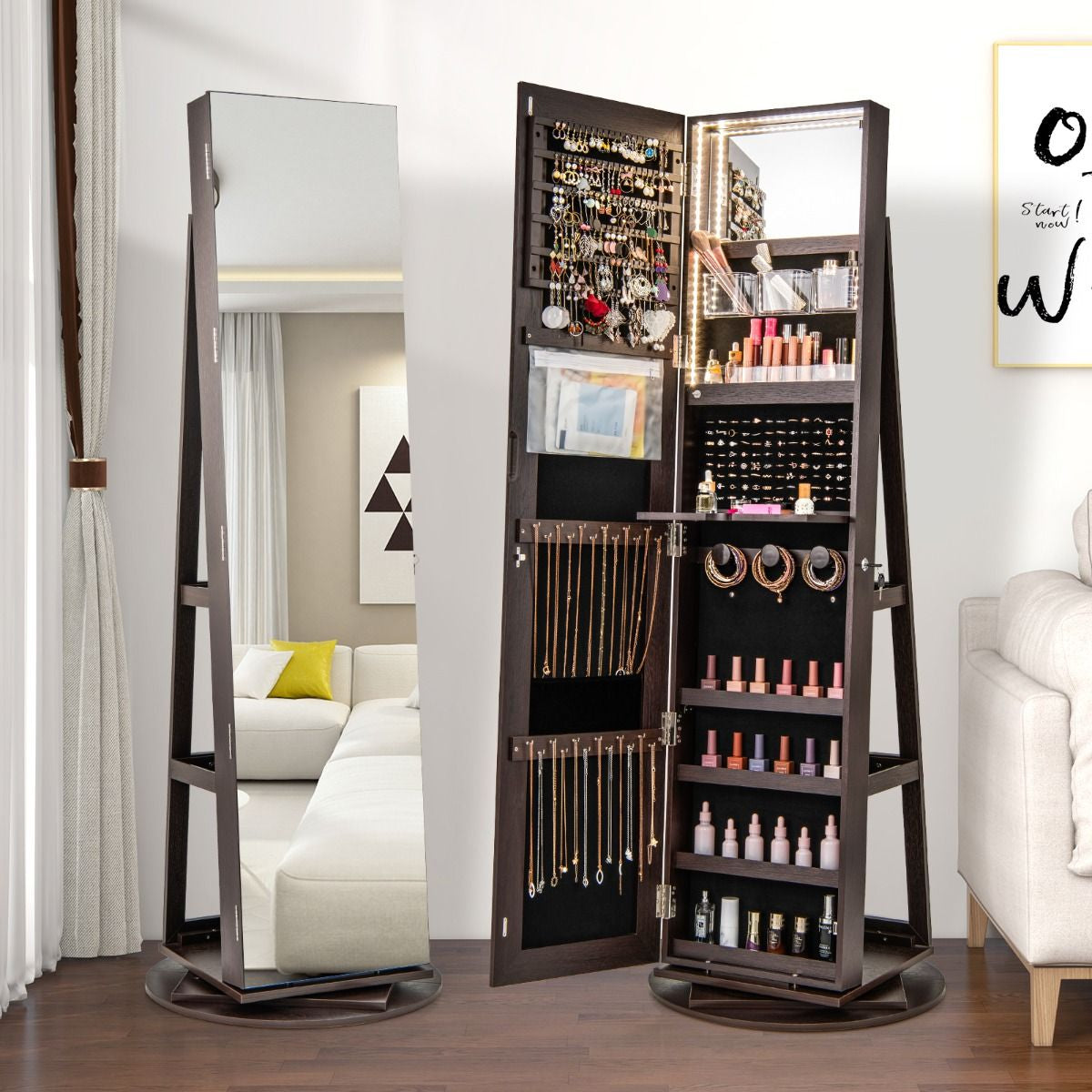 Armoire À Bijoux Pivotante À 360°Avec Lumières LED 3 Couleurs Miroir Pleine Longueur Et Étagère 3 Niveaux En Arrière 10 Couleurs Au Choix