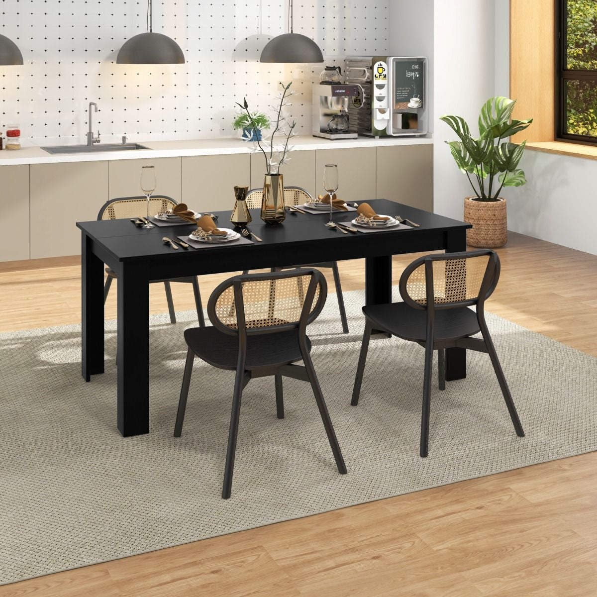 Table Salle À Manger De 160 CM Pour 6-8 Personnes Table Cuisine Rectangulaire Avec Pieds En Formes De L Robustes Table Bureau De Travail Moderne Naturel/Noir
