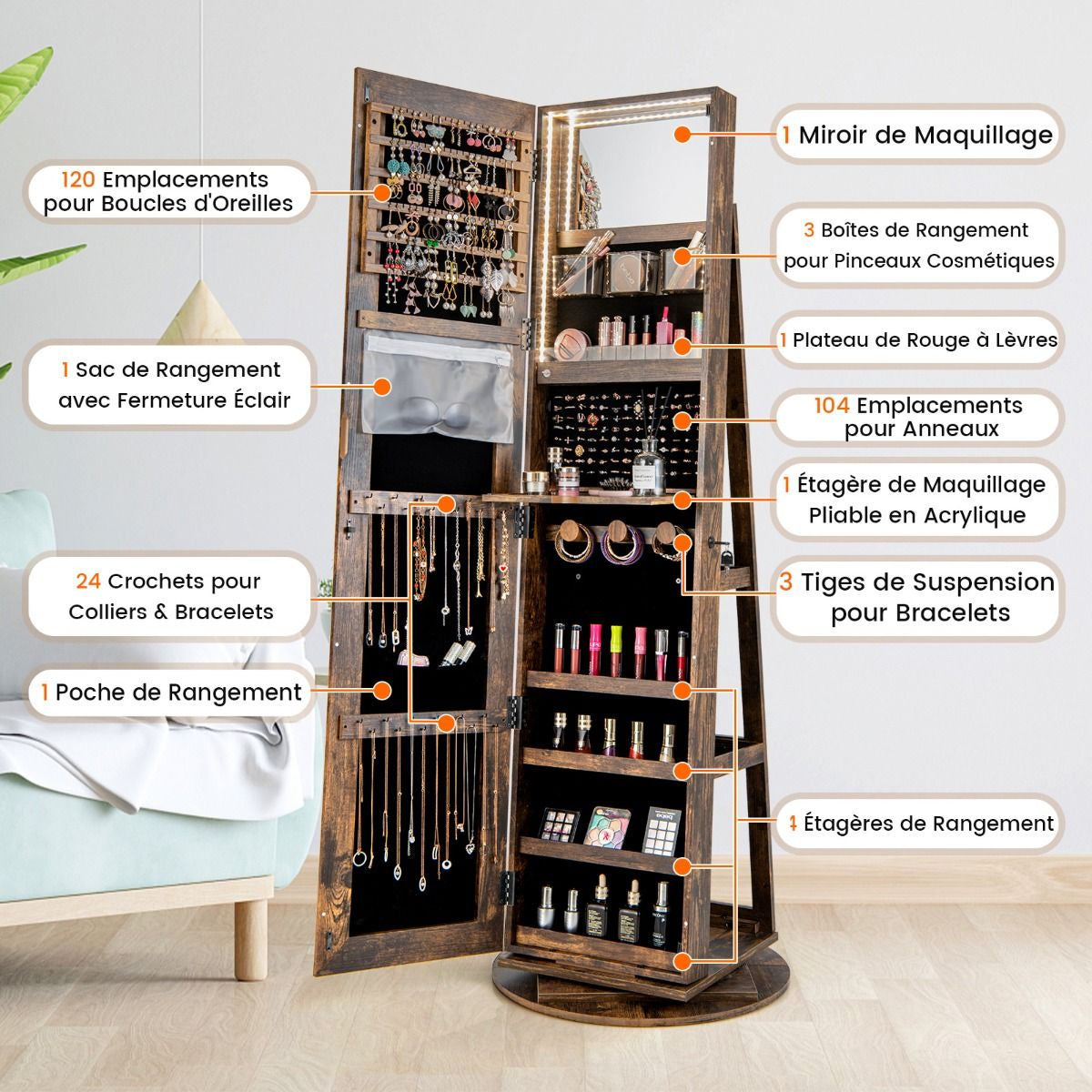 Armoire À Bijoux Pivotante À 360°Avec Lumières LED 3 Couleurs Miroir Pleine Longueur Et Étagère 3 Niveaux En Arrière 10 Couleurs Au Choix