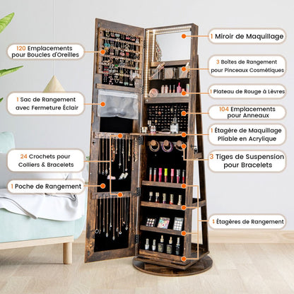 Armoire À Bijoux Pivotante À 360°Avec Lumières LED 3 Couleurs Miroir Pleine Longueur Et Étagère 3 Niveaux En Arrière 10 Couleurs Au Choix