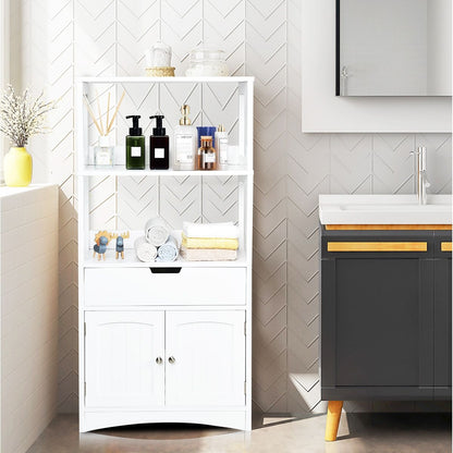 Armoire De Salle De Bain Avec 2 Portes 1 Tiroir 3 Etagères Ouvertes Capacité 70 Kg En Mdf 32,5X60X122Cm Blanc/Noir/Gris