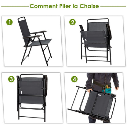 Lot De 4 Chaises Fauteuils De Jardin Pliantes En Textilène Accoudoirs Patins Antidérapants Charge 150KG Gris