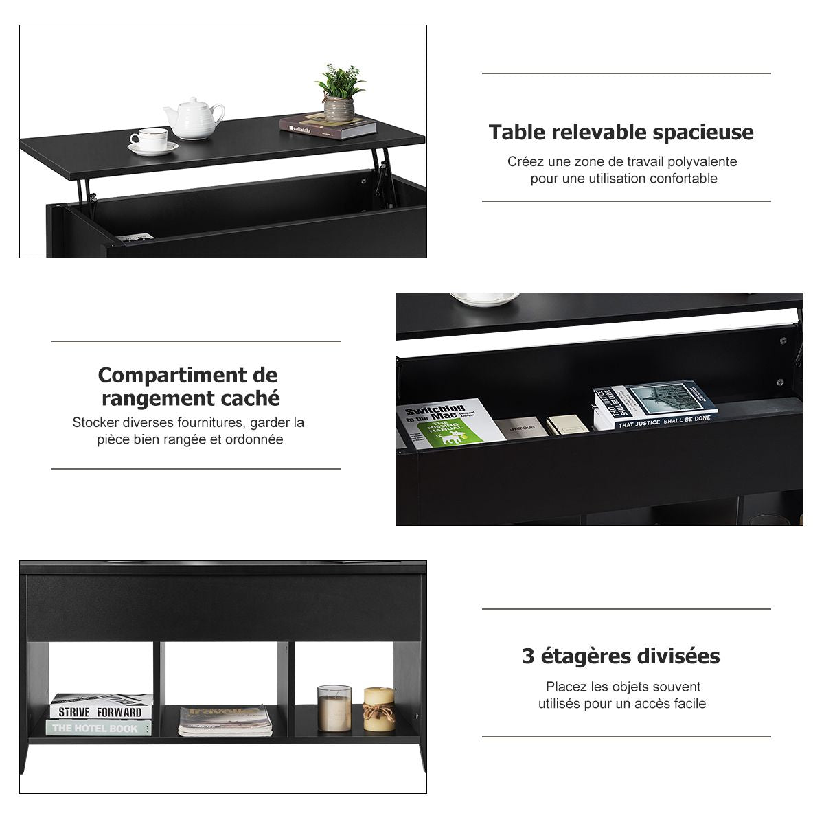 Table Basse Avec Plateau Relevable Noir 105 X 52 X 49 CM Avec Trois Compartiments Pour Rangement Design Contemporain Marron/Noir