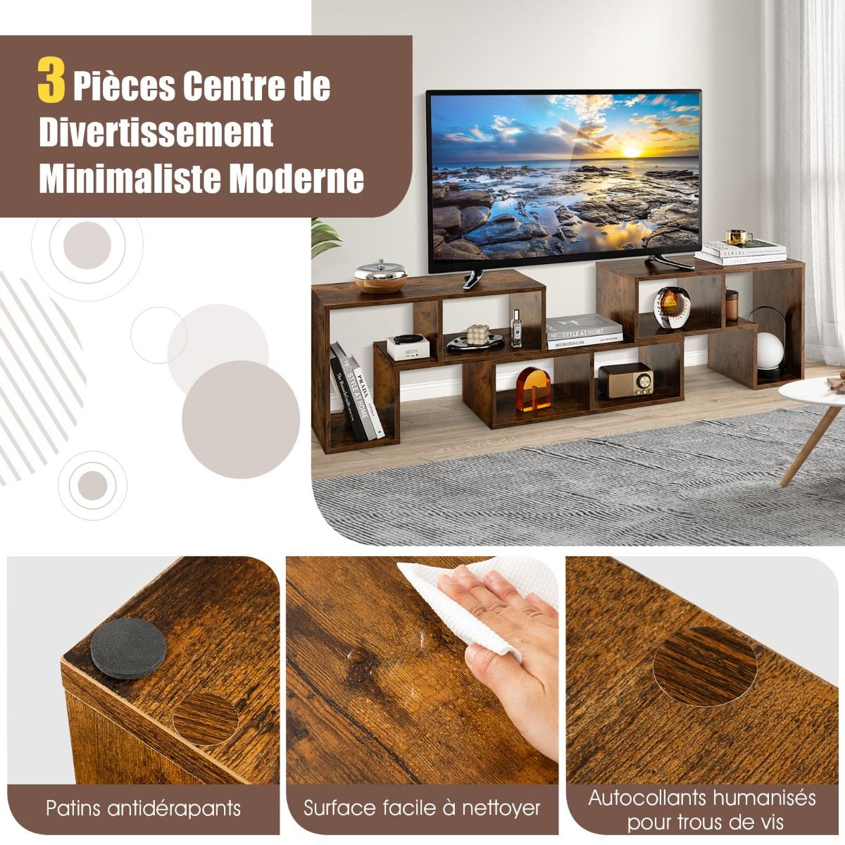 Meuble TV 3 Pièces 134-180X30X43Cm Combination Libre Pour Télévision Jusqu’À 49 Pouces Pour Salon Chambre Bureau En MDF Noir/Blanc/Café/Gris