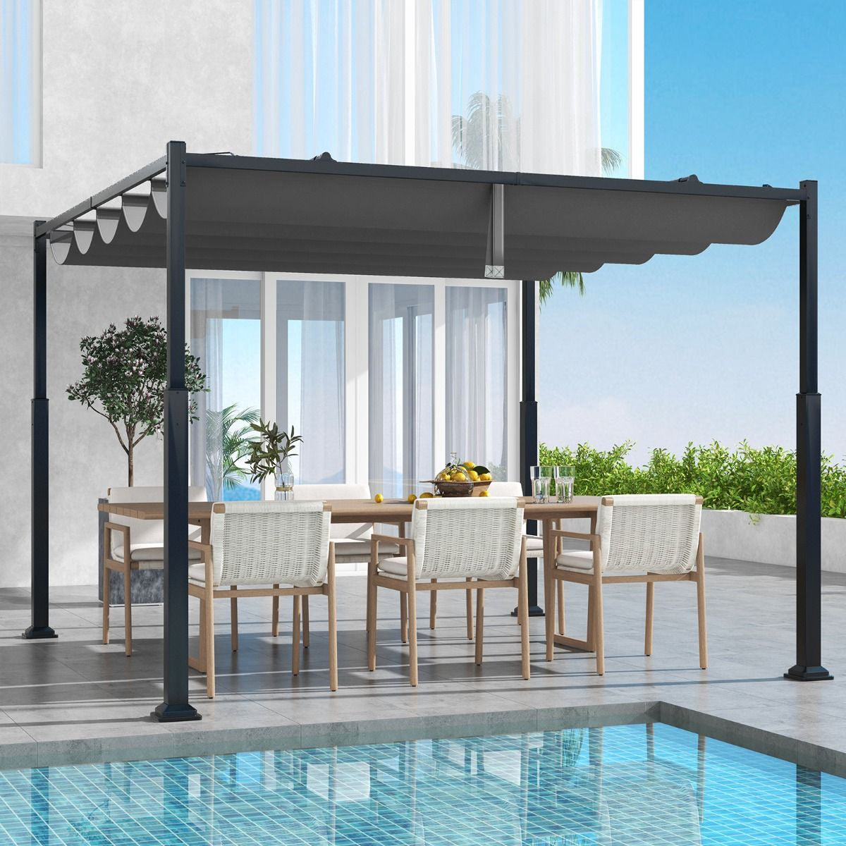 Pergola D'Extérieur 310 X 310 CM Avec Auvent Rétractable Colonnes Métalliques Robustes Pavillon Moderne Pare-Soleil Tonnelle