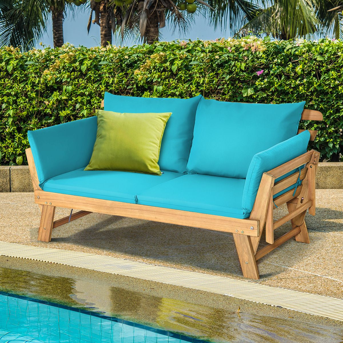Chaise Longue Convertible Avec Coussin Canapé De Jardin 2 En 1 En Bois D’Acacia Avec Accoudoir Réglable 4 Couleurs Au Choix