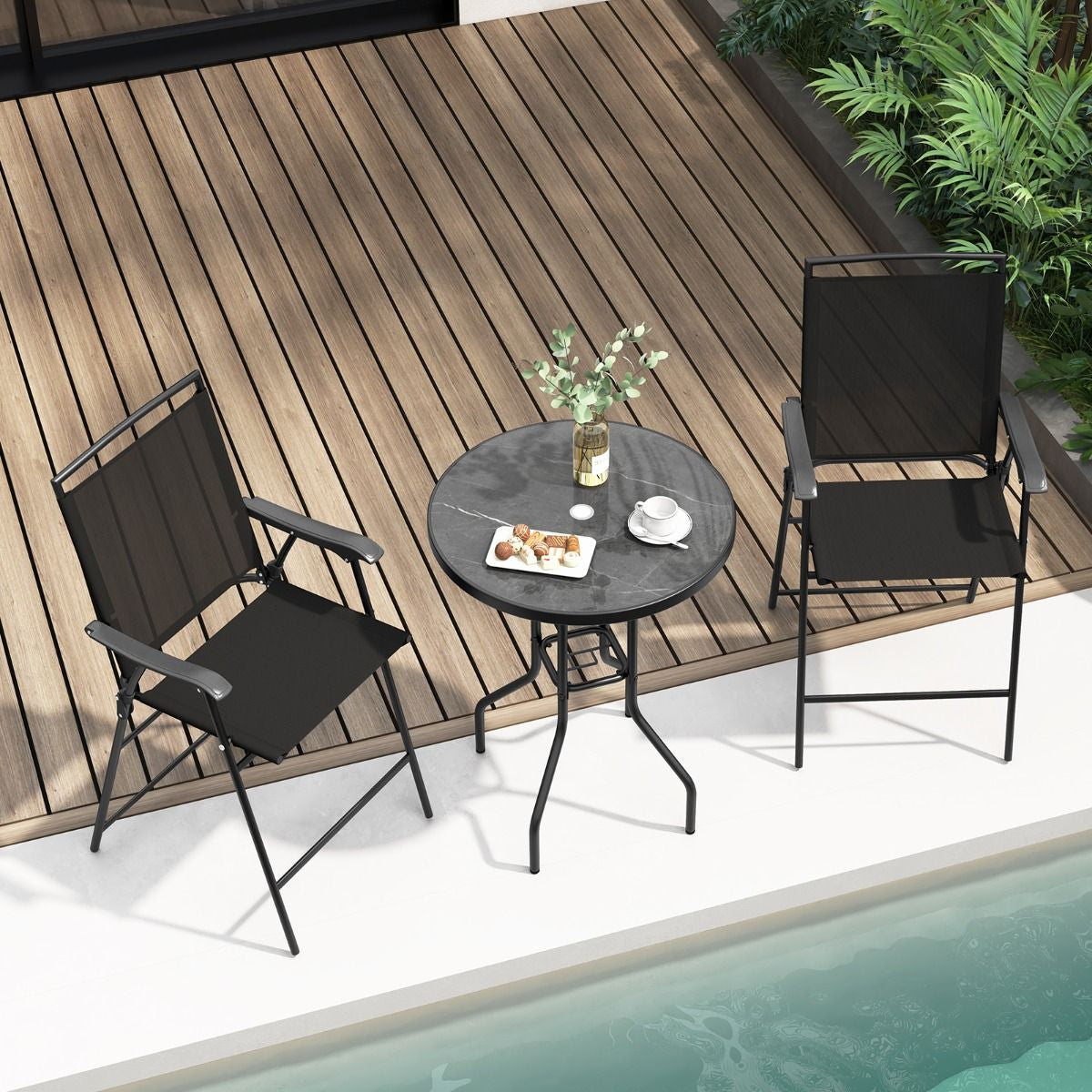 Bistrot Pour Patio 3 Pièces Table Et Chaises Pliantes De Bar De Jardin Avec Plateau De Table DPC Trou Pour Parasol Et Repose-Pieds