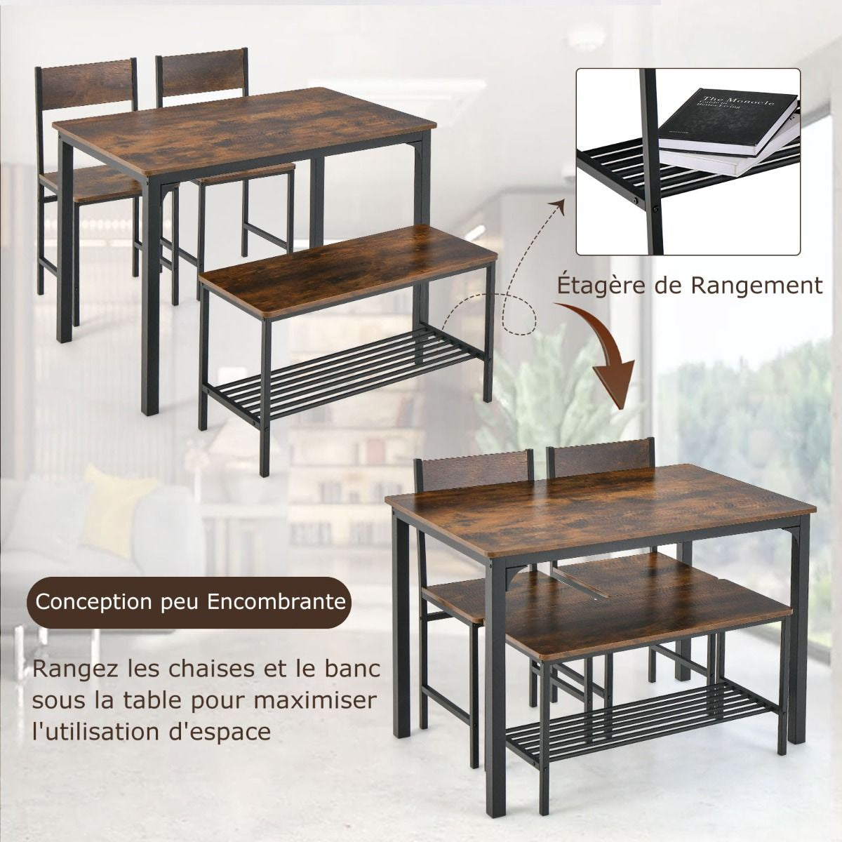 Ensemble Table Et 2 Chaise 1 Banc 4 Personnes Style Industriel Structure En Métal Pour Salle À Manger Restaurant Cuisine Marron/Gris/Café