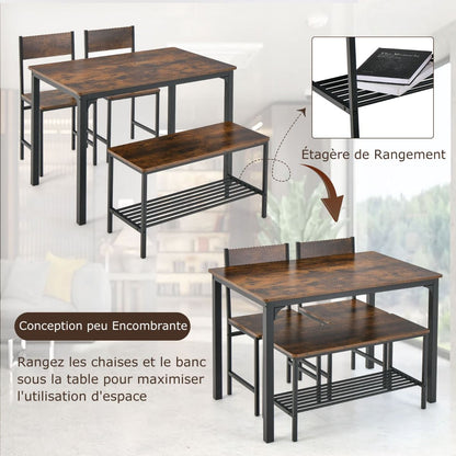 Ensemble Table Et 2 Chaise 1 Banc 4 Personnes Style Industriel Structure En Métal Pour Salle À Manger Restaurant Cuisine Marron/Gris/Café