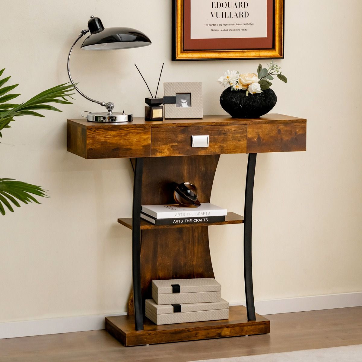 Table Console 3 Étagères Meuble D'Entrée L91 X P30 X H88 Style Scandinave Dispositif Anti-Renversement Brun Rustique/Noir/Gris