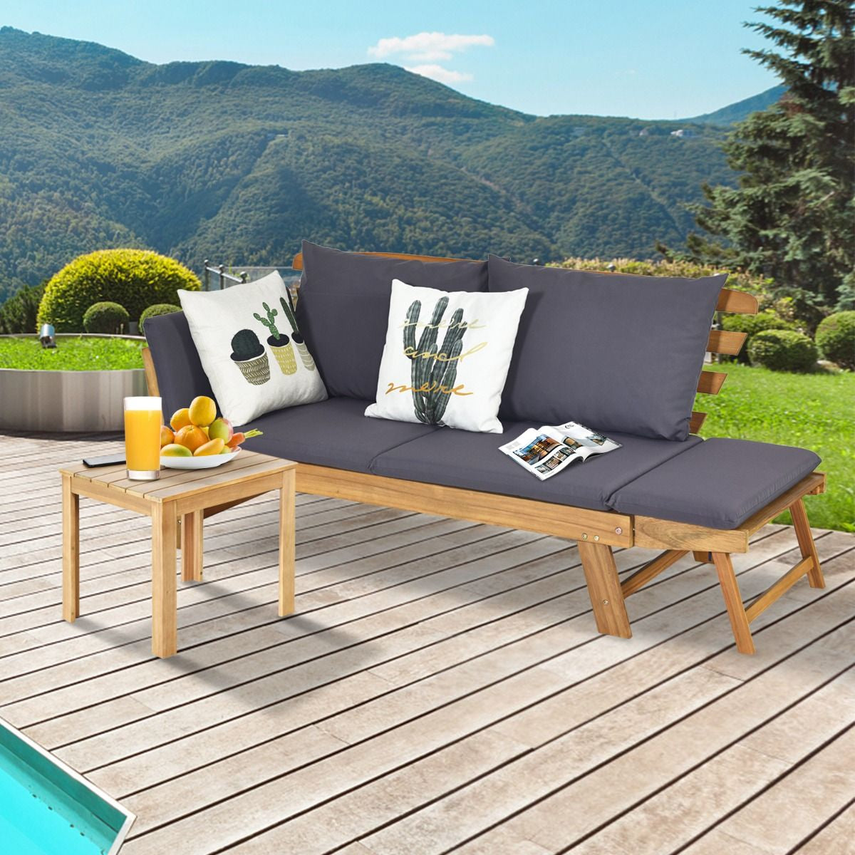 Chaise Longue Convertible Avec Coussin Canapé De Jardin 2 En 1 En Bois D’Acacia Avec Accoudoir Réglable 4 Couleurs Au Choix