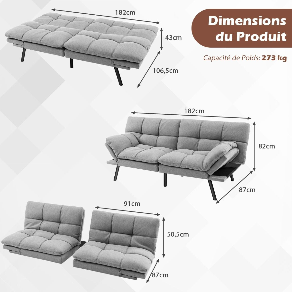 Canapé-Lit Futon Convertible En Mousse À Mémoire De Forme Avec Dossier Et Accoudoirs Réglables Canapé-Lit Futon Moderne Gris/Noir/Brun