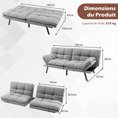 Canapé-Lit Futon Convertible En Mousse À Mémoire De Forme Avec Dossier Et Accoudoirs Réglables Canapé-Lit Futon Moderne Gris/Noir/Brun