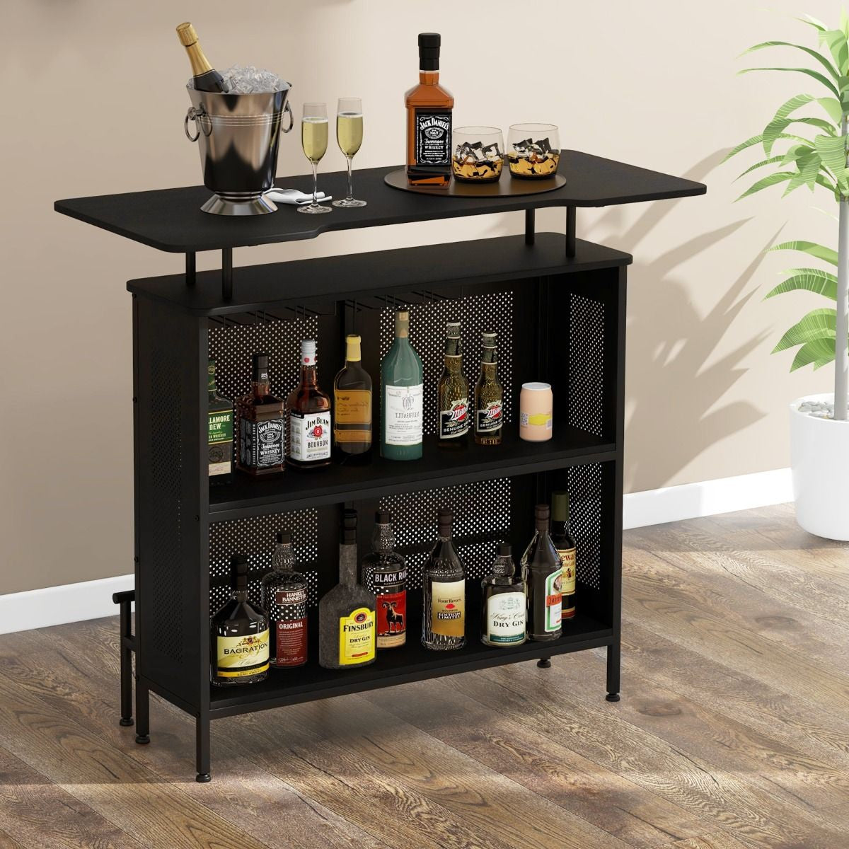 Table De Bar À Domicile À 4 Niveaux Armoire De Bar Avec 2 Étagères Pour Vin Et 6 Supports De Verres Repose-Pieds En Métal 7 Pieds Réglables Noir/Marron