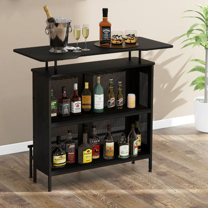 Table De Bar À Domicile À 4 Niveaux Armoire De Bar Avec 2 Étagères Pour Vin Et 6 Supports De Verres Repose-Pieds En Métal 7 Pieds Réglables Noir/Marron
