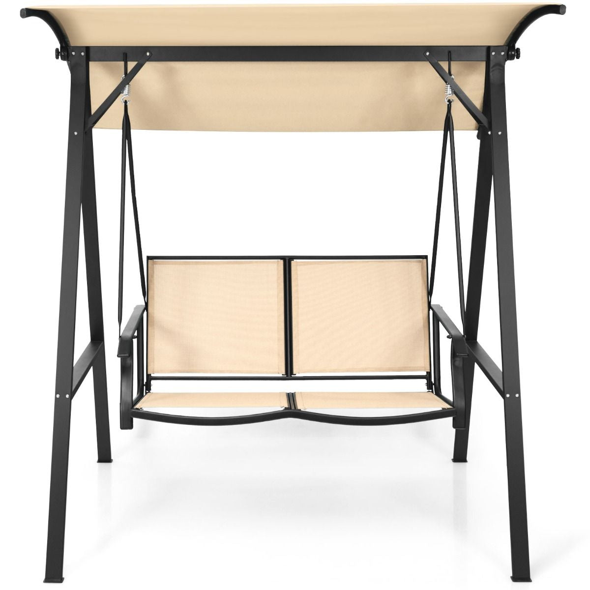 Balançoire De Porche Avec Auvent Réglable Balancelle Extérieure Pour 2 Personnes Cadre Et Auvent En Métal Crochet À Ressort Robuste Beige