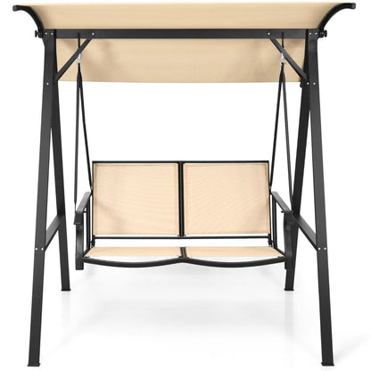 Balançoire De Porche Avec Auvent Réglable Balancelle Extérieure Pour 2 Personnes Cadre Et Auvent En Métal Crochet À Ressort Robuste Beige
