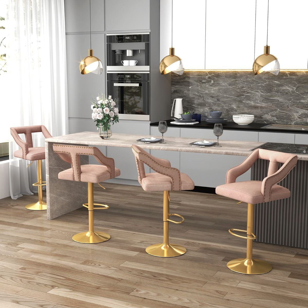 Lot De 2 Chaises De Bar Pivotantes Et Réglables Repose-Pied Base En Métal Galvanisé Anneau Antidérapant Gris/Rose