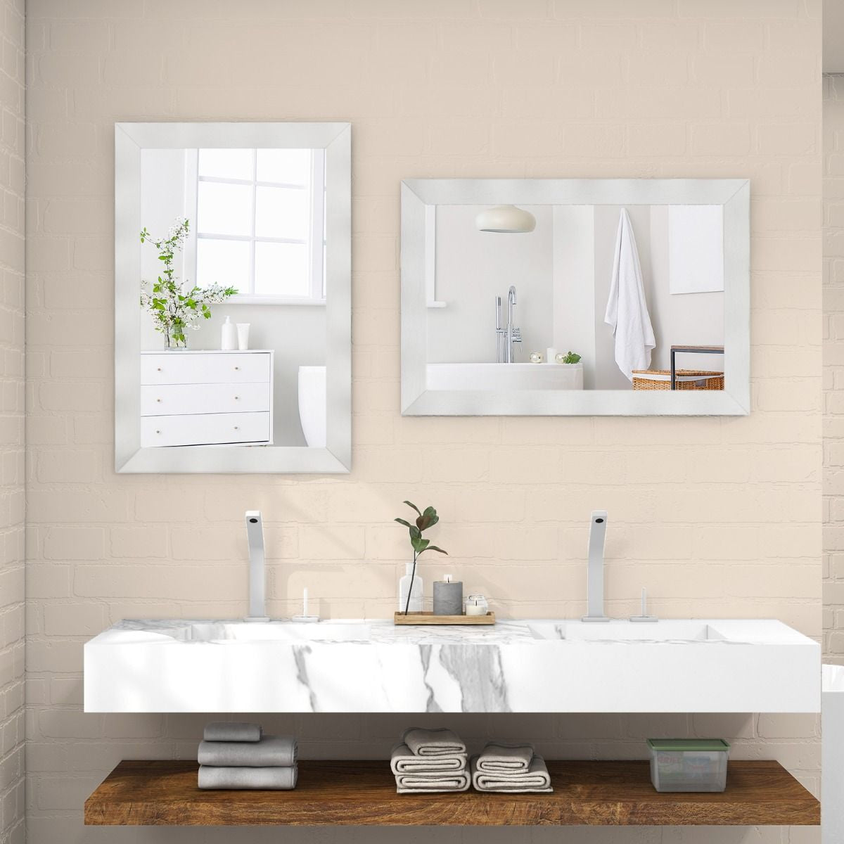 Miroir Mural 106X71,5Cm Miroir En Bois De Caoutchouc Style Rustique Avec Cadre En Bois Massif Miroir Rectangulaire De Vanité Blanc/Noir