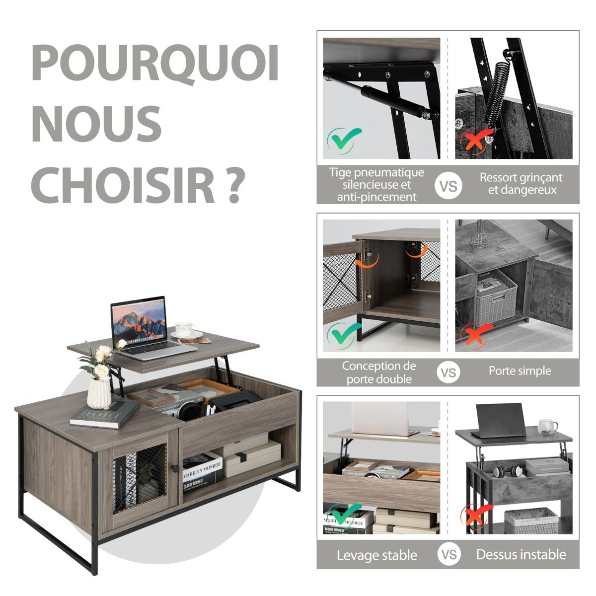 Table Basse Avec Plateau Élévateur Pneumatique Compartiments Ouverts Et 2 Casiers Conception À 2 Porte 104 X 52,5 X 58 Cm