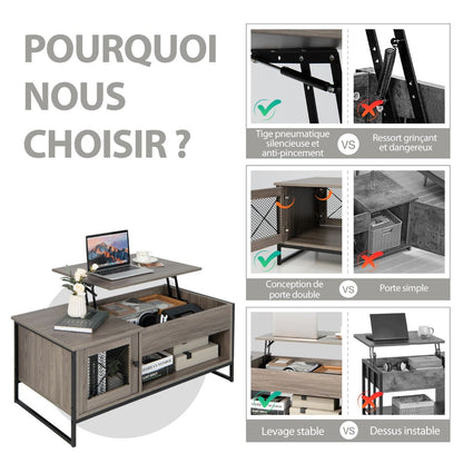 Table Basse Avec Plateau Élévateur Pneumatique Compartiments Ouverts Et 2 Casiers Conception À 2 Porte 104 X 52,5 X 58 Cm