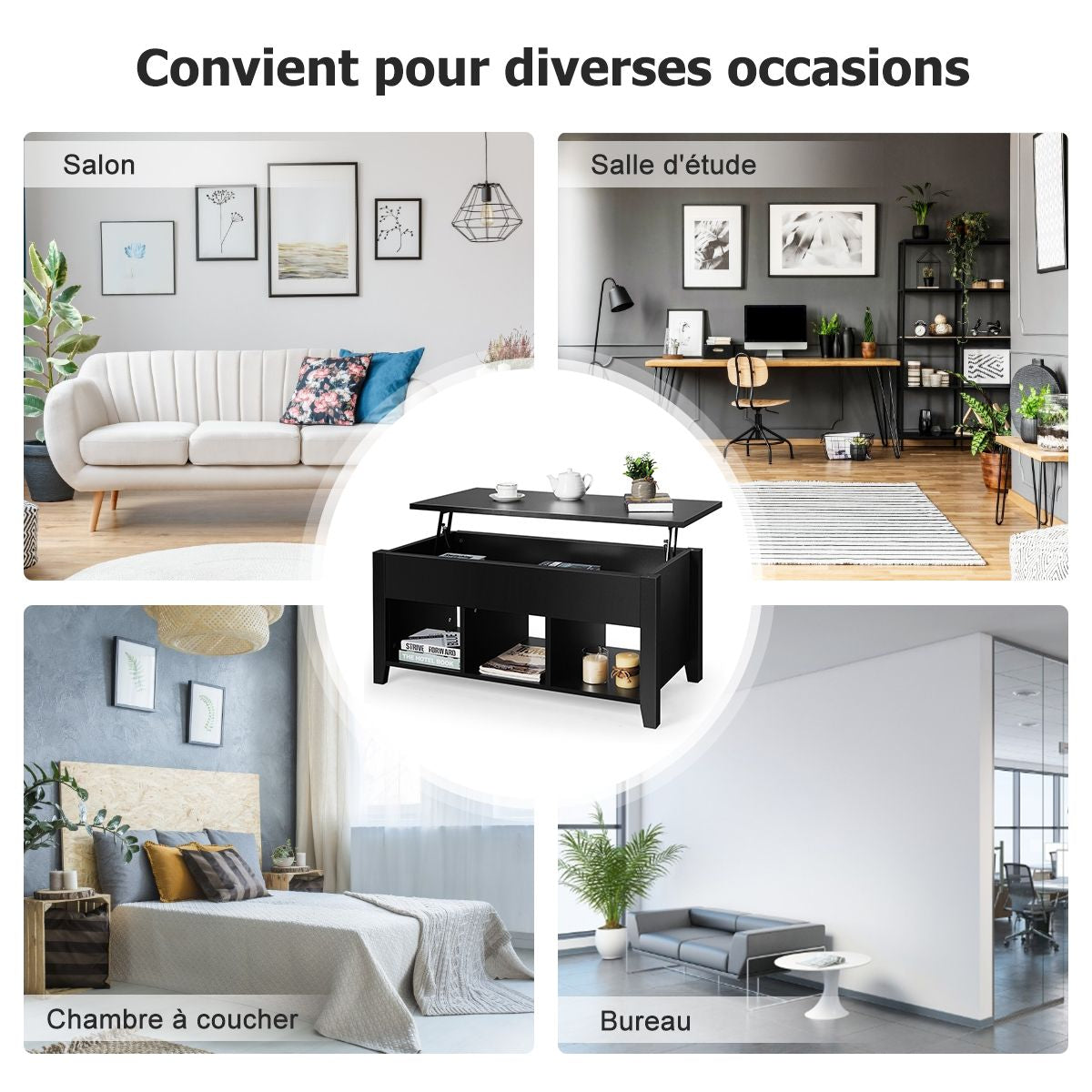 Table Basse Avec Plateau Relevable Noir 105 X 52 X 49 CM Avec Trois Compartiments Pour Rangement Design Contemporain Marron/Noir