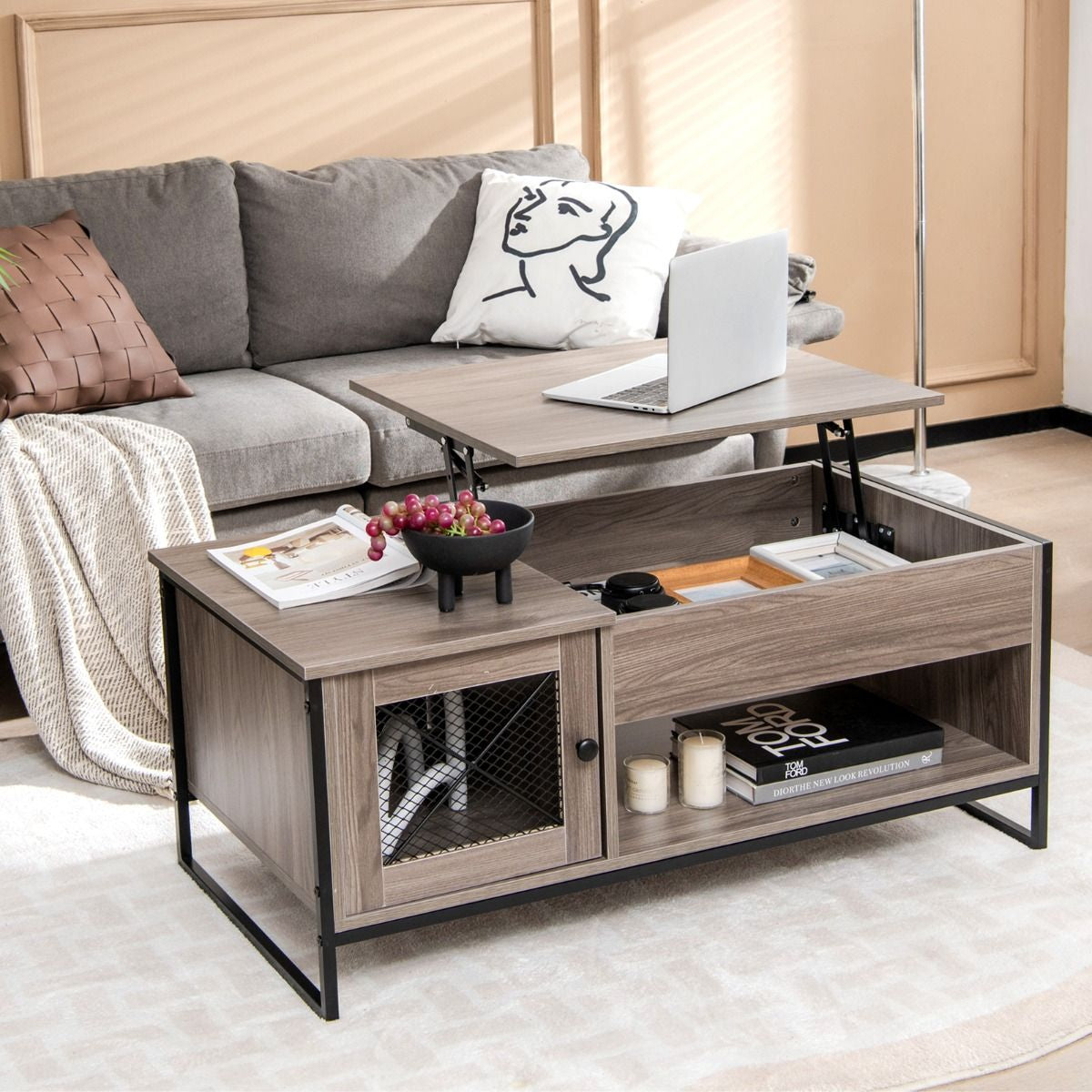 Table Basse Avec Plateau Élévateur Pneumatique Compartiments Ouverts Et 2 Casiers Conception À 2 Porte 104 X 52,5 X 58 Cm