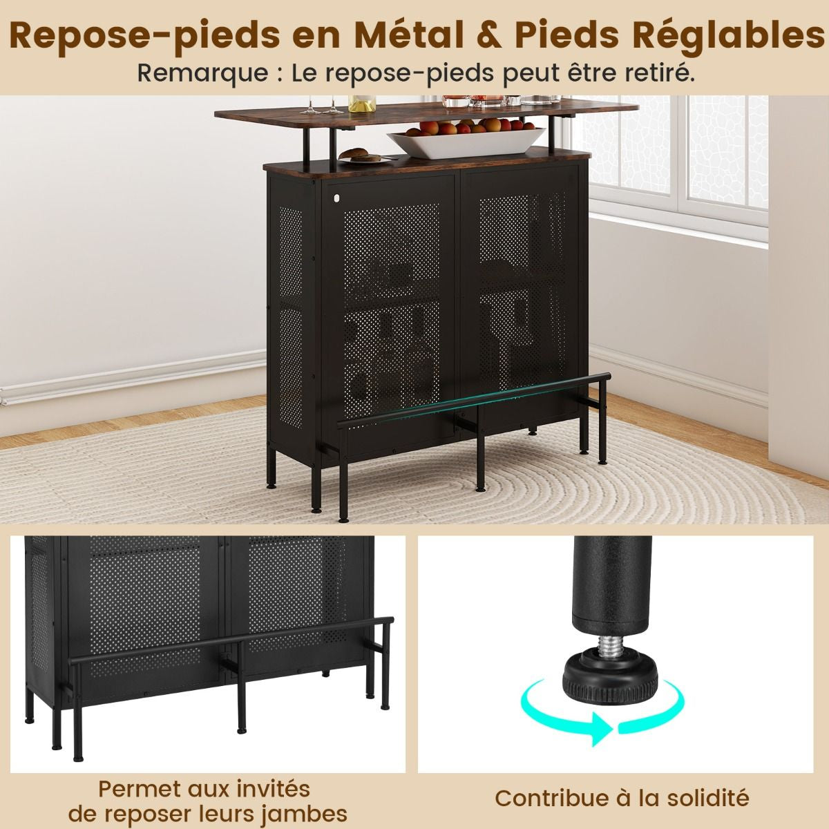 Table De Bar À Domicile À 4 Niveaux Armoire De Bar Avec 2 Étagères Pour Vin Et 6 Supports De Verres Repose-Pieds En Métal 7 Pieds Réglables Noir/Marron