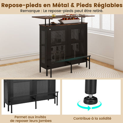 Table De Bar À Domicile À 4 Niveaux Armoire De Bar Avec 2 Étagères Pour Vin Et 6 Supports De Verres Repose-Pieds En Métal 7 Pieds Réglables Noir/Marron