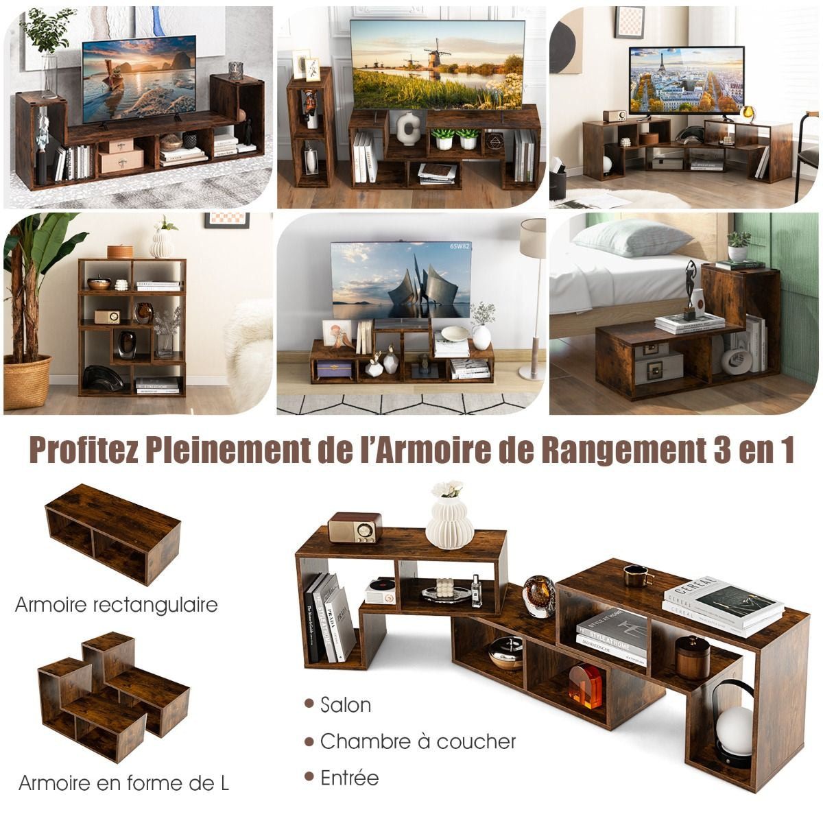 Meuble TV 3 Pièces 134-180X30X43Cm Combination Libre Pour Télévision Jusqu’À 49 Pouces Pour Salon Chambre Bureau En MDF Noir/Blanc/Café/Gris