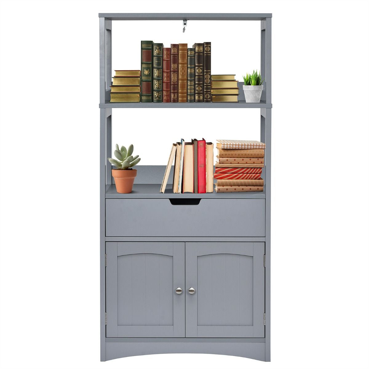 Armoire De Salle De Bain Avec 2 Portes 1 Tiroir 3 Etagères Ouvertes Capacité 70 Kg En Mdf 32,5X60X122Cm Blanc/Noir/Gris